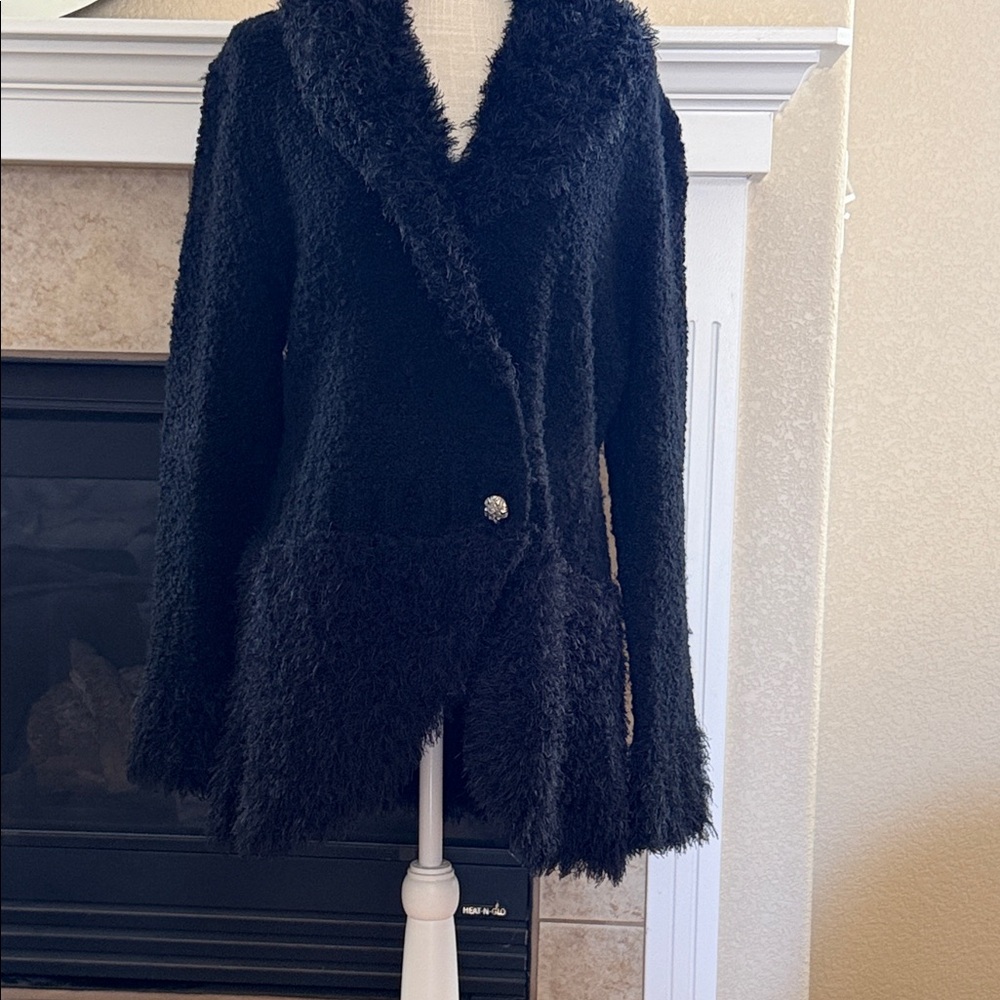 Black Faux-Fur Button-Front Women's Cardigan Jacket